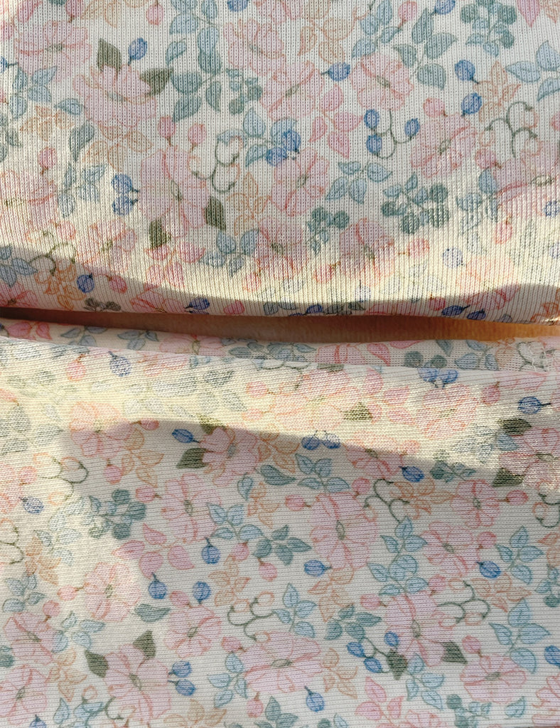 Close up of floral patterned fabric with soft lighting.