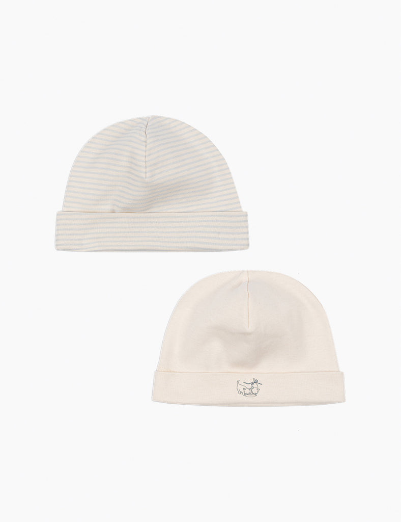 Two beanies, one striped and one plain, on a white background