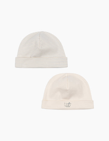Two beanies, one striped and one plain, on a white background
