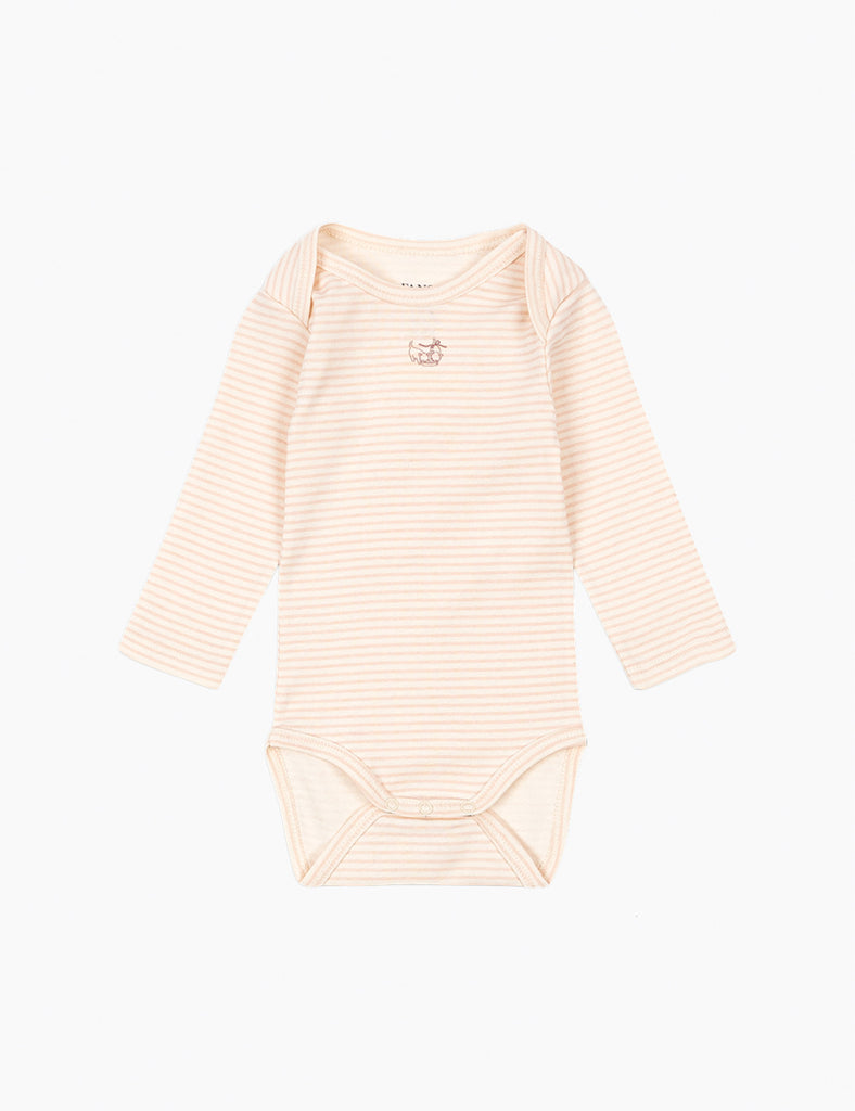 Pink striped baby bodysuit on a white background