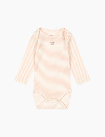 Pink striped baby bodysuit on a white background