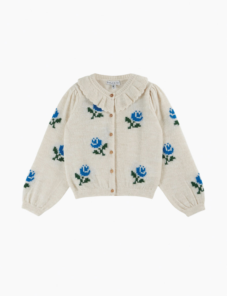 Knitted cardigan with blue floral patterns on a white background