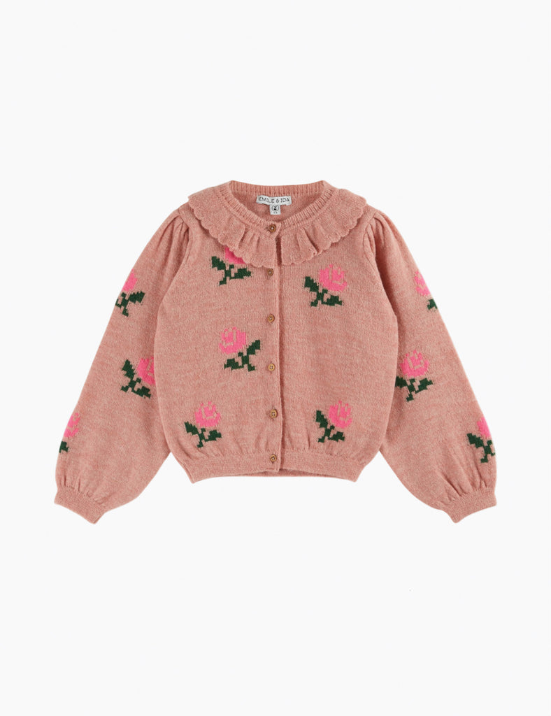 Pink cardigan with floral embroidery on a white background