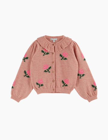 Pink cardigan with floral embroidery on a white background