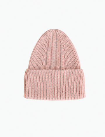 Pink knit beanie on a white background.