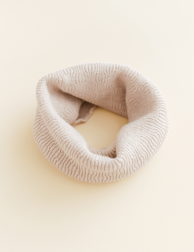 Image of cream colored knitted scarf on a white background.
