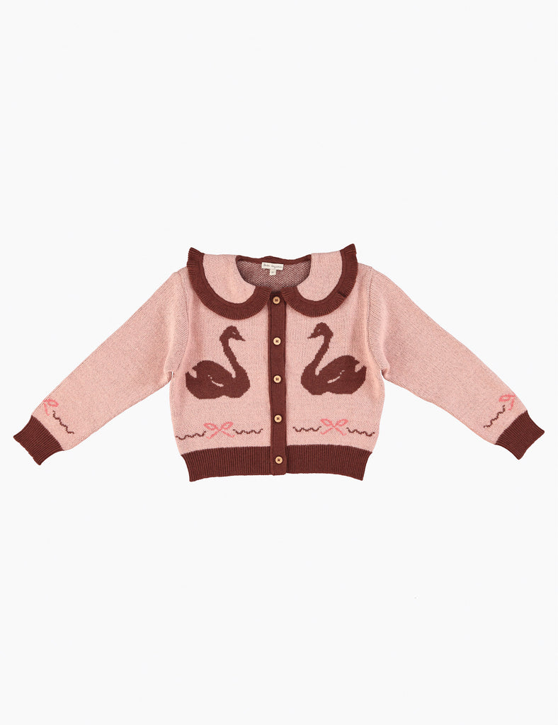 Pink cardigan with brown collar and swan designs on a white background
