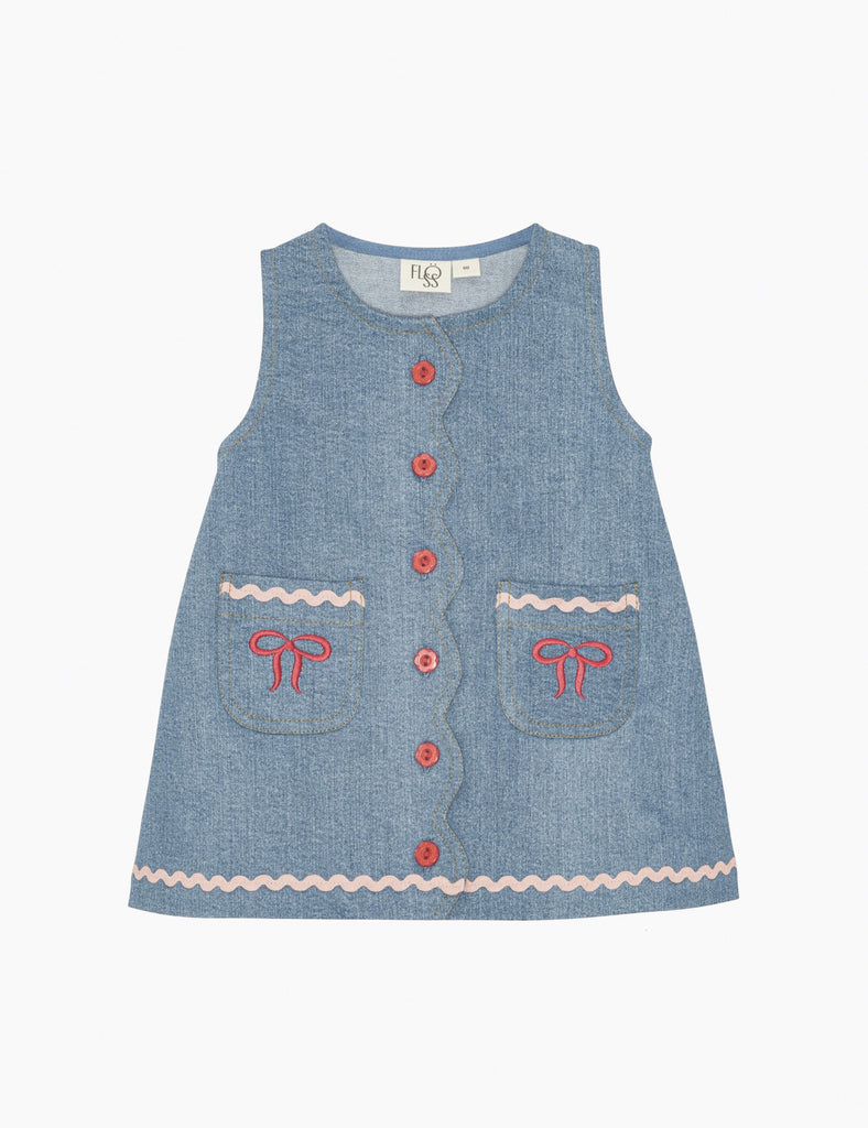 Blue denim dress with red buttons and pink accents on a white background
