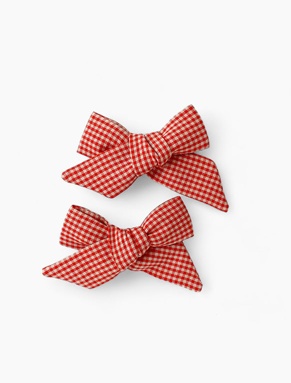 Image of Hair Bows in Tomato Mini Check.