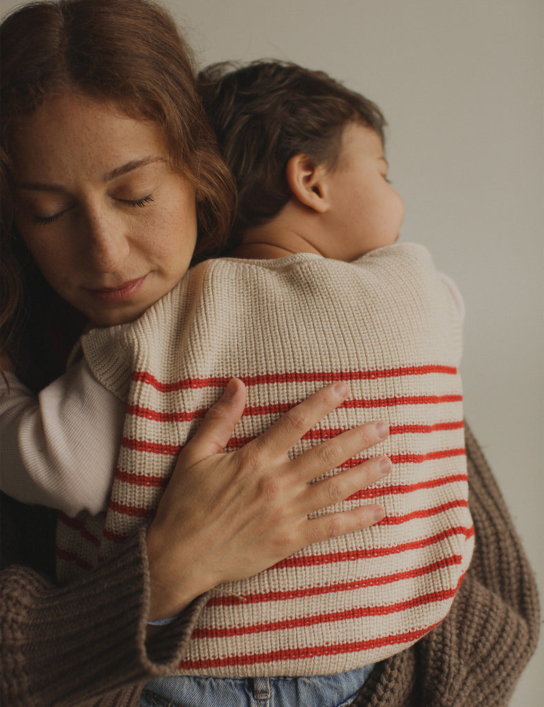 Image of Harvey Toddler Vest in Cream and Red Stripe.