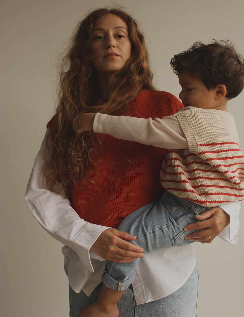 Image of Harvey Toddler Vest in Cream and Red Stripe.