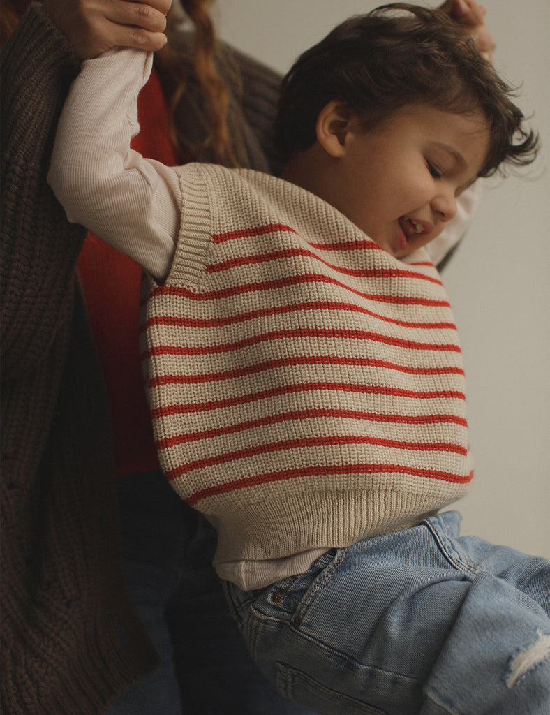 Image of Harvey Toddler Vest in Cream and Red Stripe.