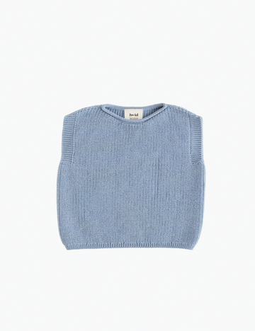 Blue knitted baby bib on a white background
