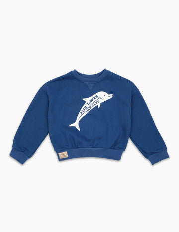 Image of a navy sweatshirt with a white dolphin graphic that has text that says High Tiders Swim Club.