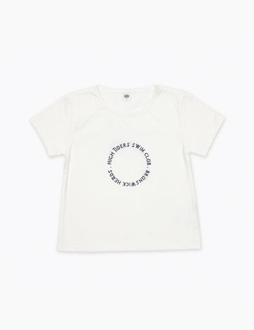 White t-shirt with black circular text on a white background