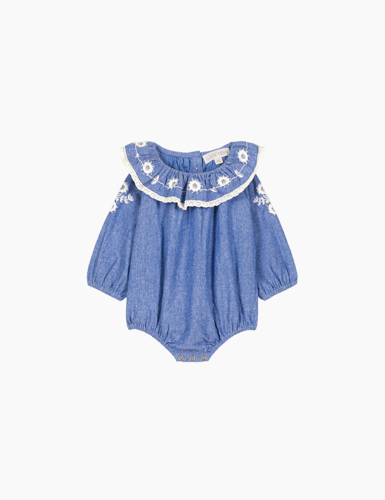 Blue baby romper with floral embroidery on a white background