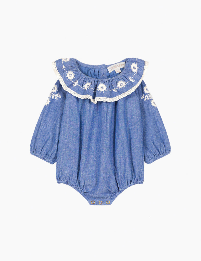 Blue baby romper with floral embroidery on a white background