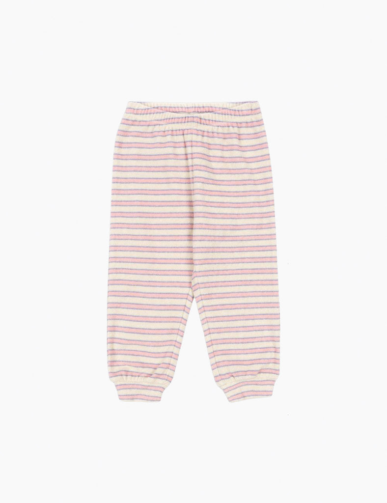 Image of pink and purple striped sweatpants on a white background.