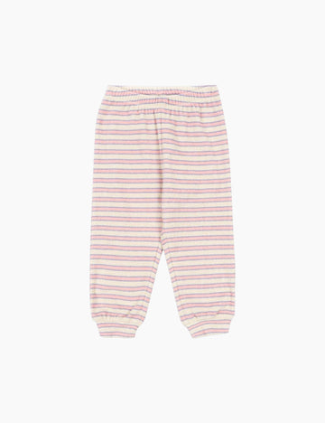 Image of pink and purple striped sweatpants on a white background.