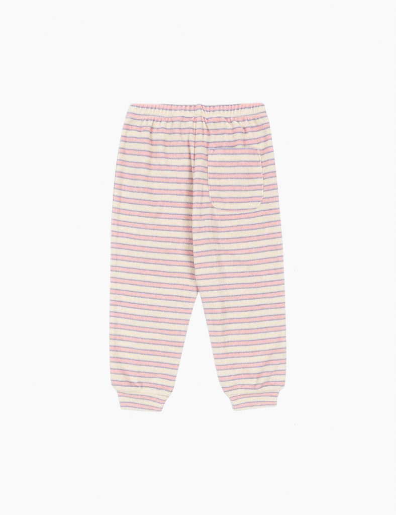 Image of pink and purple striped sweatpants on a white background.