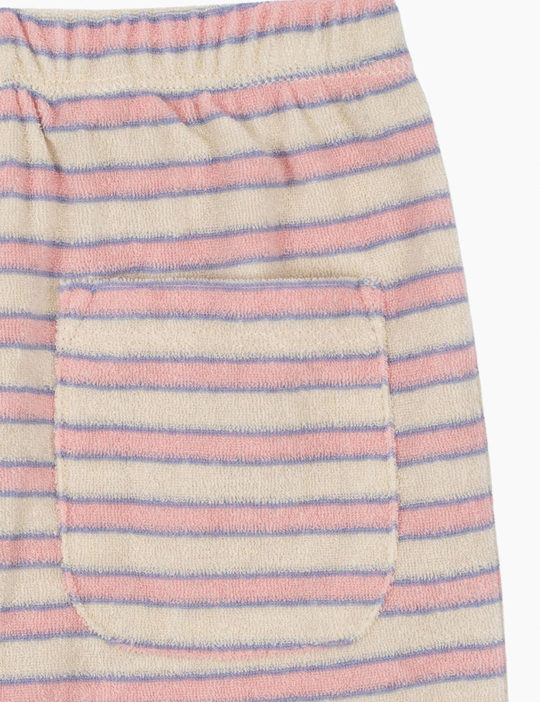 Image of pink and purple striped sweatpants on a white background.