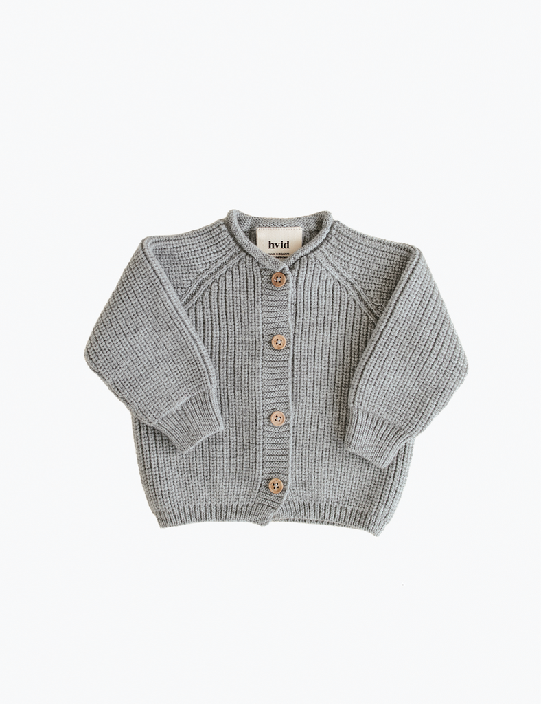 Gray knitted cardigan with buttons on a white background