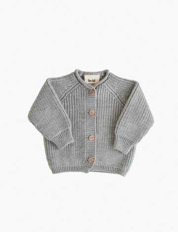 Gray knitted cardigan with buttons on a white background
