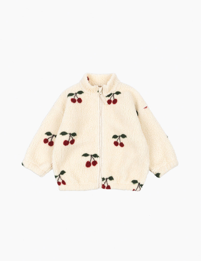 Cream-colored jacket with cherry pattern on a white background