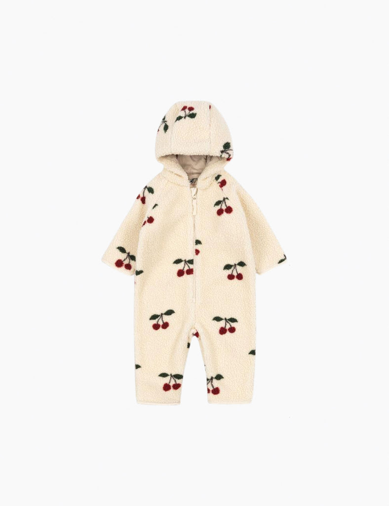 Image of a fleece baby bodysuit with a hood on a white background.