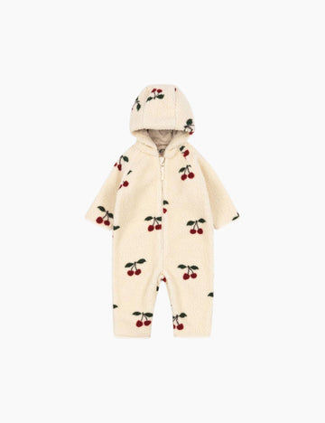 Image of a fleece baby bodysuit with a hood on a white background.