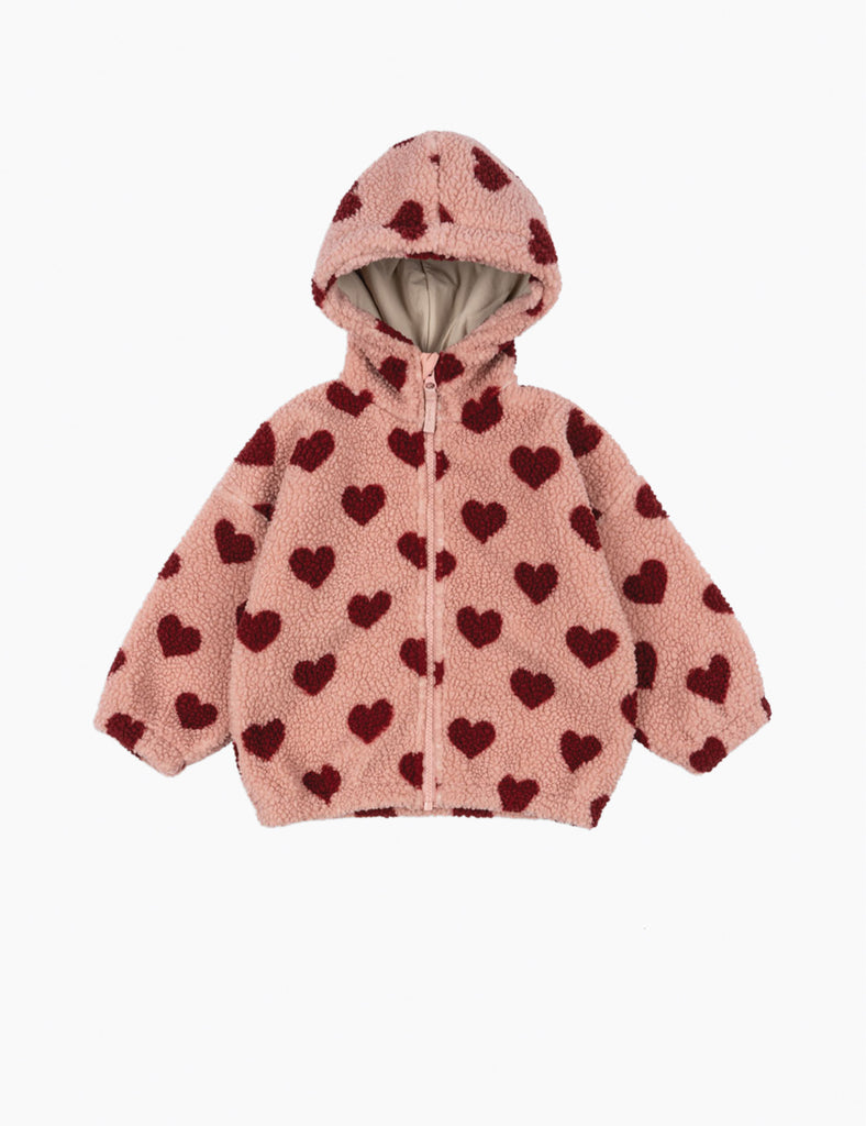 Pink hooded jacket with heart pattern on a white background