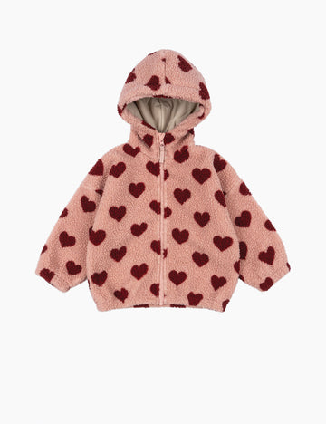 Pink hooded jacket with heart pattern on a white background
