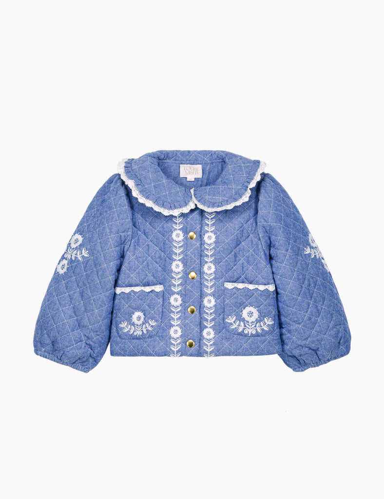 Blue quilted jacket with floral embroidery on a white background