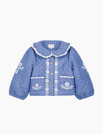 Blue quilted jacket with floral embroidery on a white background
