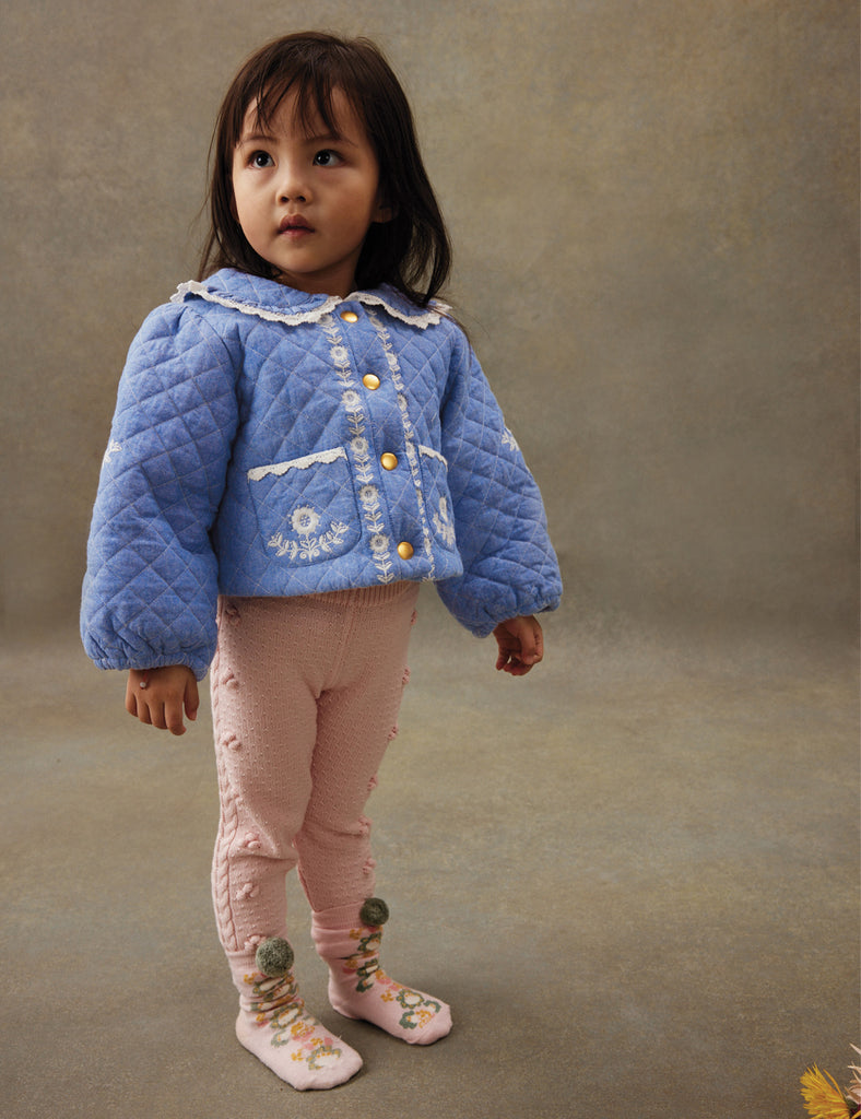 Child wearing a blue quilted jacket with floral patterns on a neutral background