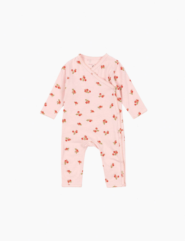 Pink baby onesie with floral pattern on a white background