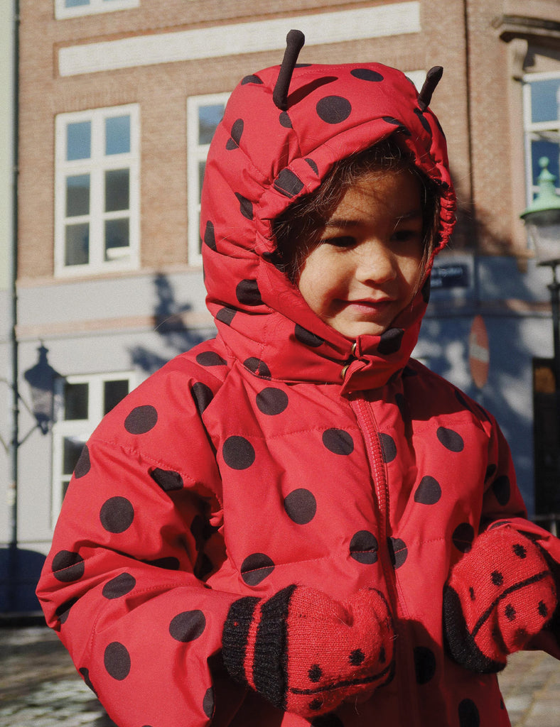 Image of ladybug mittens on a little girl.