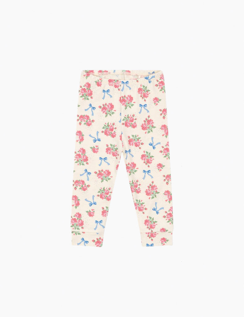 Floral and bow-patterned leggings on a white background
