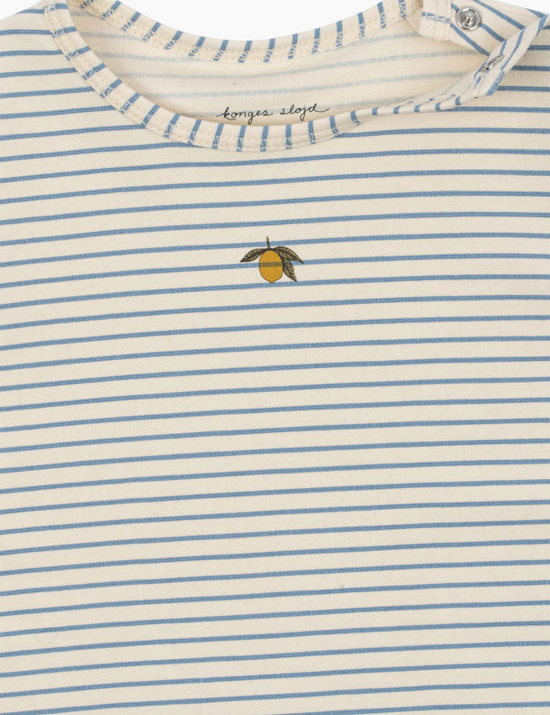 Striped shirt with a lemon design and brand name on a white background