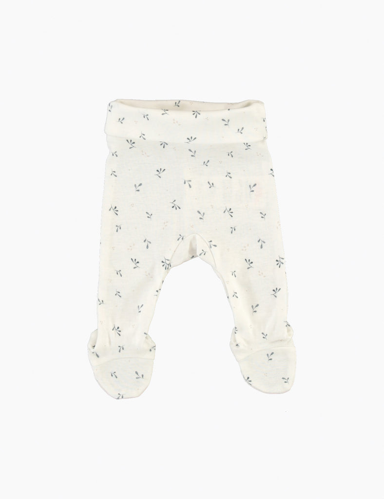 Baby footed pants with a subtle pattern on a white background