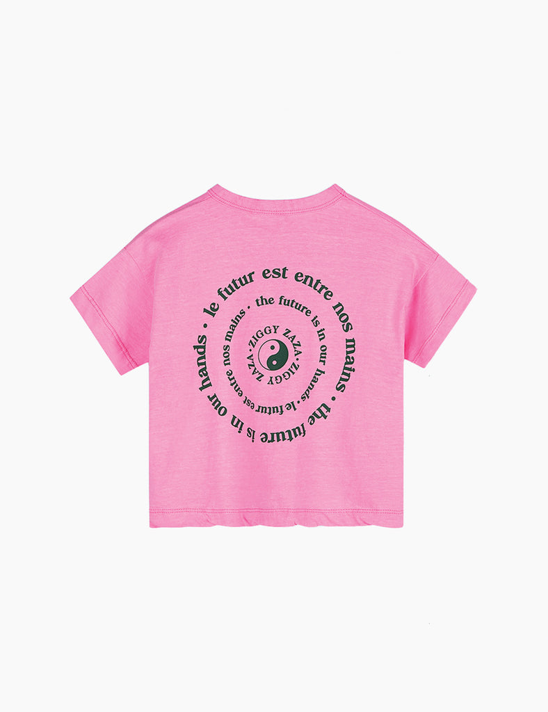 Pink t-shirt with text and logo on a white background