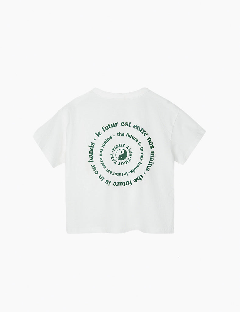 White t-shirt with black text and design on a white background