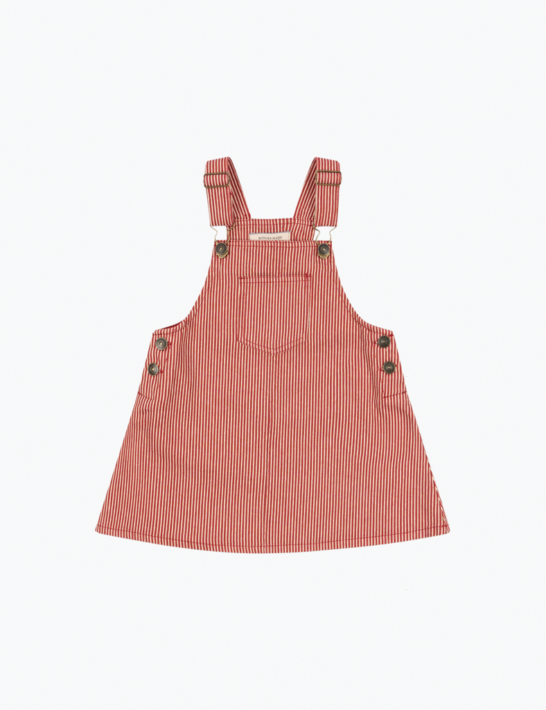 Red striped pinafore dress on a white background