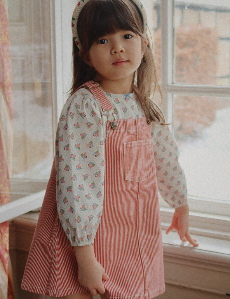 Young girl wearing a pink checkered dress standing by a window.