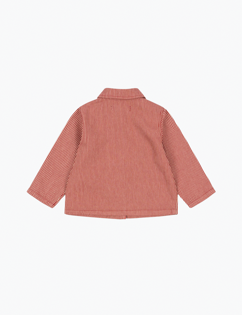 Back view of a red striped shirt on a white background