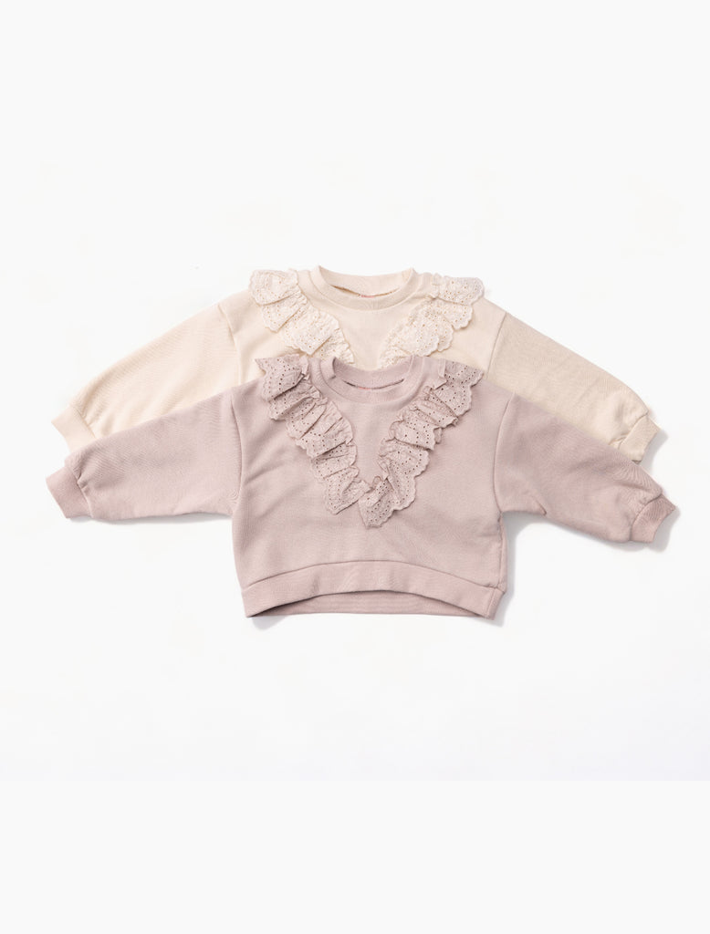 Lace Sweatshirt in Cream flat image.
