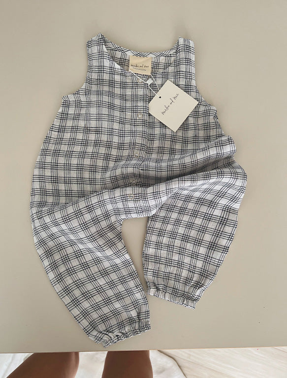 Image of Linen Romper in Blue Check.