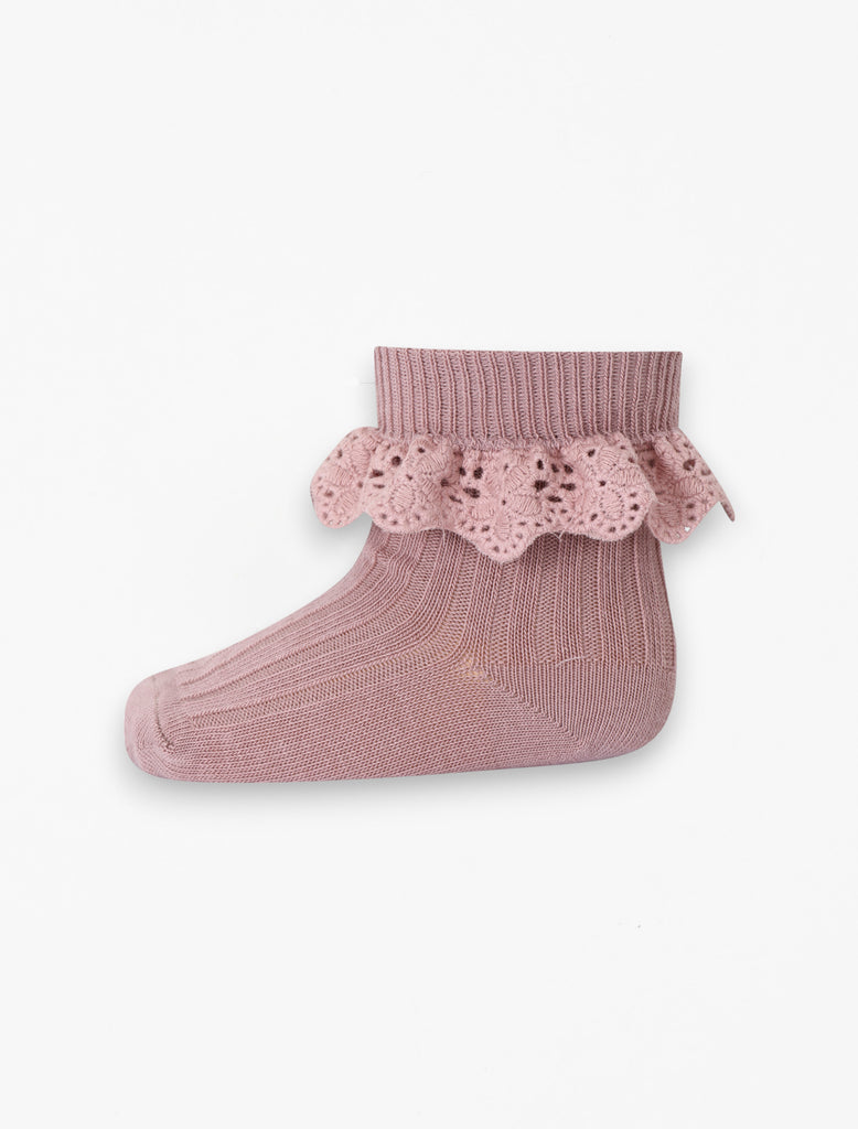 Lisa Lace socks in Rose Dust flat lay image.
