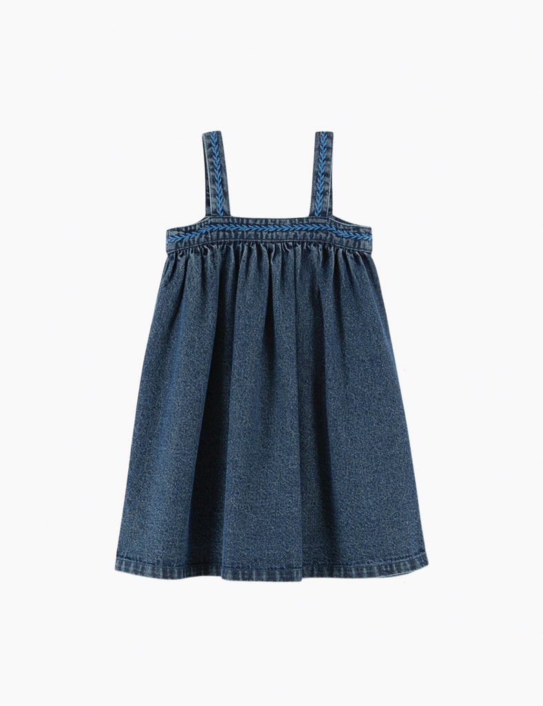 Blue denim dress with thin straps on a white background