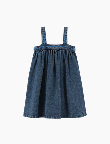 Blue denim dress with thin straps on a white background